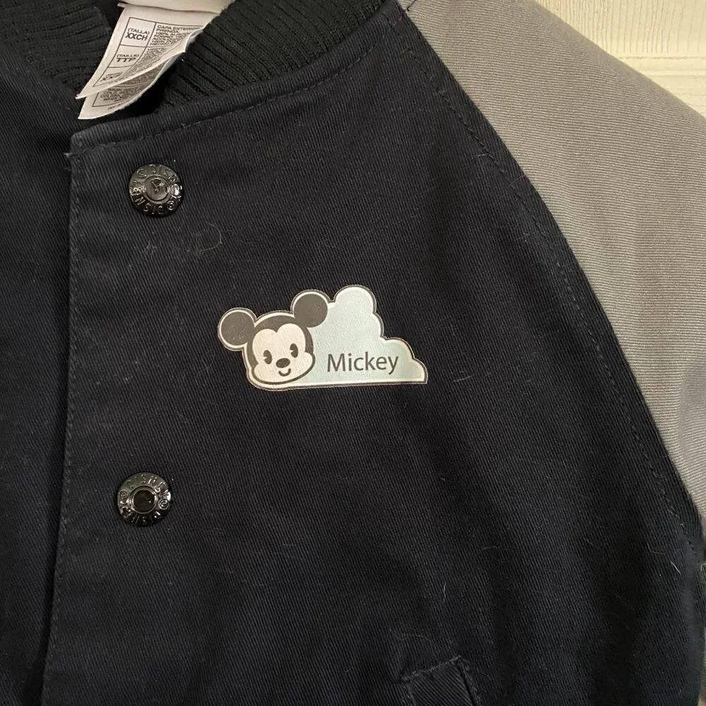 Disney Mickey Logo Chest Back Kids Snap Up Black Pockets Varsity Jacket Size XXS